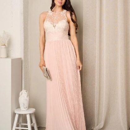 VESTIDO ROSA NUDE DE GALA, PECHO TRANSPARENCIA