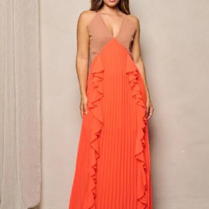 VESTIDO NARANJA NEON OLANES EN FALDA, PECHO CAFE