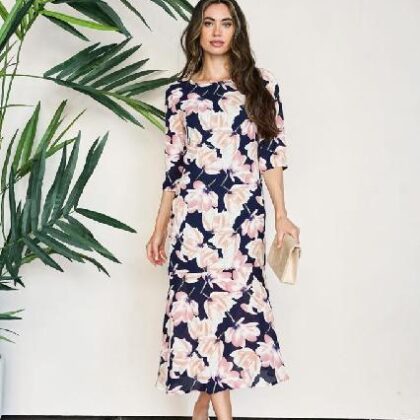 VESTIDO AZUL FLORAL MEDIA MNG, MAXI