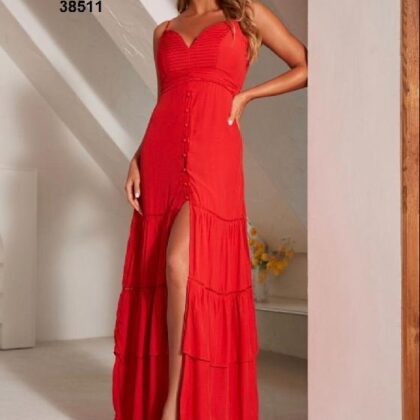 VESTIDO ROJO LARGO BOTONES AL PECHO TIRANTES