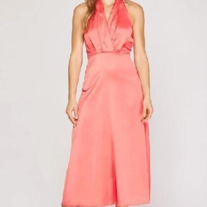 VESTIDO CORAL HALTER SATIN DE COCTEL