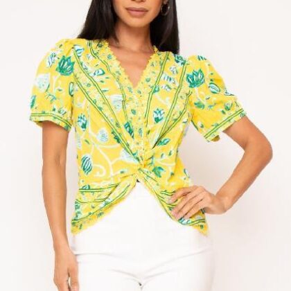 BLUSA AMARILLA FLORAL VERDE NUDO CINTURA