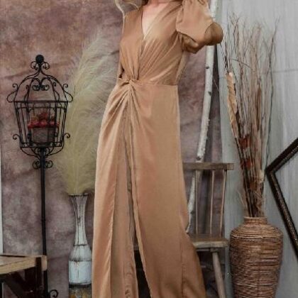 PALAZZO CAMEL SATIN NUDO EN CINTURA MNG LARGA