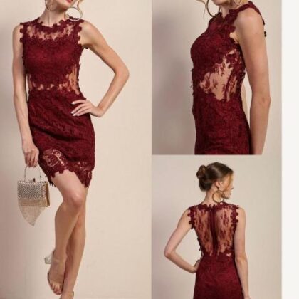 VESTIDO TINTO ENCAJE CON TRANSPARENCIA EN PECHO