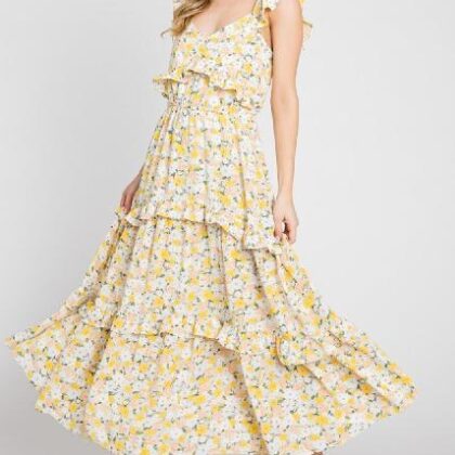 VESTIDO AMARILLO FLORAL OLAN EN TIRANTE