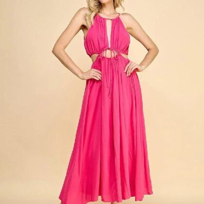 VESTIDO FUCSIA HALTER PECHO Y ESPALDA AJUSTABLE