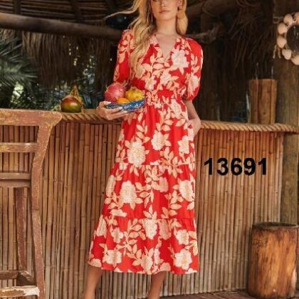 VESTIDO ROJO FLORAL, PECHO V MNG CORTA