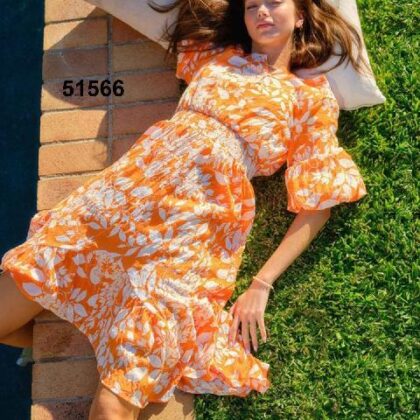 VESTIDO NARANJA FLORAL BLANCO, CORTE A