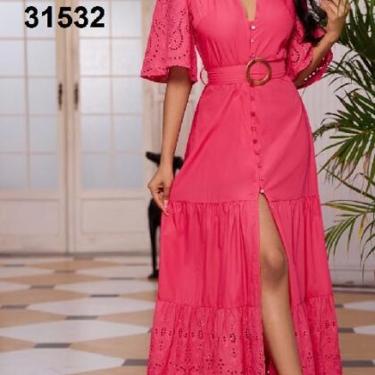 VESTIDO FUCSIA MNG Y OLAN ENCAJE, CINTURON