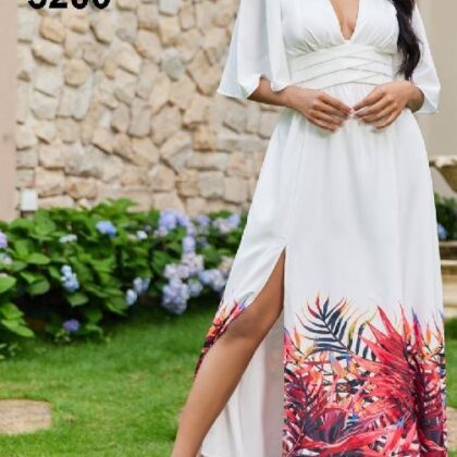 VESTIDO BLANCO CINTURA PLIZADA FLORES ROJAS