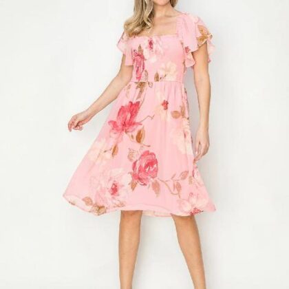 VESTIDO FLORAL, HOMBROS OLAN