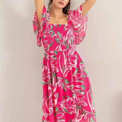 VESTIDO FUCSIA FLORAL, HOMBROS OLAN