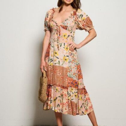 VESTIDO BEIGE FLORAL TONALIDADES NEUTRAS