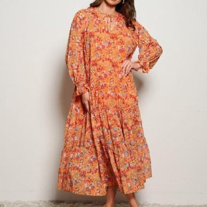 VESTIDO NARANJA FLORAL MNG LARGA