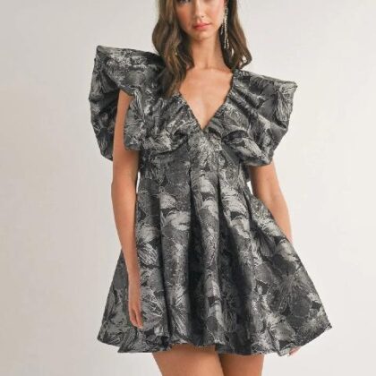 VESTIDO GRIS FLORAL HOMBROS GLOBO