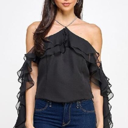 BLUSA NEGRA MNG OLANES, GARGANTILLA BRILLOS