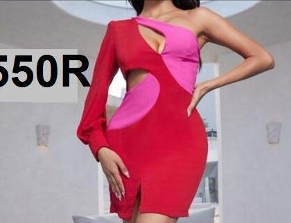 VESTIDO ROJO BICOLOR FUCSIA ESCOTE CINTURA